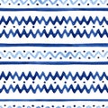 Blue watercolor hand-drawn zigzag lines and waves decorated with dots on white background - seamless pattern Royalty Free Stock Photo