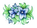 Blue watercolor ornamentical flowers