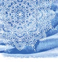 Blue watercolor paint background with white hand drawn round doodles and mandalas. design of backdrop