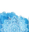 Blue watercolor paint background with white hand drawn round doodles and mandalas. design of backdrop