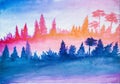 Blue watercolor painted the foreground with a carved line of the tops of the fir trees, the background is painted with an orange- Royalty Free Stock Photo