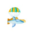 Blue watercolor plane and air balloon illustration