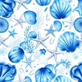 Blue watercolor seashells starfish coral and sea elements create a seamless marine pattern Royalty Free Stock Photo