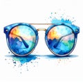 Blue Watercolor Sunglasses with Sunset Reflection Royalty Free Stock Photo