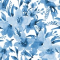 Blue Watercolor Vintage Seamless Pattern with Summer Wildflowers