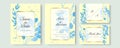 Blue watercolor wedding invitation card template set with gold glitter and line decoration. Abstract background save the date, Royalty Free Stock Photo