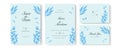 Blue watercolor wedding invitation card template set with gold glitter and line decoration. Abstract background save the date, Royalty Free Stock Photo