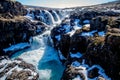 Blue waterfall in the winter of Iceland