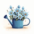 Blue Watering Can Filled With Blue Flowers