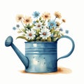 Blue Watering Can Filled With Blue Flowers