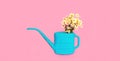 Blue watering can with flowers on pink background, gardening concept Royalty Free Stock Photo