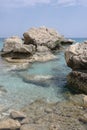 Blue waters of Konnos Bay in Cyprus with rocks and stones