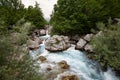 Blue waters of mountain river in Valbone valley Royalty Free Stock Photo