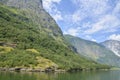Blue waters and tree covered rocks jutting out of water one of the most beautiful fjords in Norway, Sognefjord Royalty Free Stock Photo