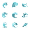 Blue wave icons set, flat style Royalty Free Stock Photo