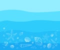 Blue waves flat background with hand drawn different outline sea stars and shells. Ocean background