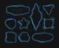 Blue waves frames on black background. Set of sound vibrations borders, abstract soundwaves geometric shapes. Vector