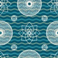 Blue Waves, Interweaving Circles and Flowers Pattern