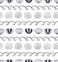 Blue waves, seashells nautical seamless pattern