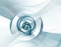 Blue wavy and spiral striped flat elements intersect and rotate on a white background. Icon, logo, symbol, sign. 3D rendering. 3D