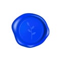 Blue wax seal with branch. Wax seal stamp isolated on white background. Realistic guaranteed blue stamp. Realistic 3d