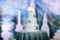 Blue wedding cake with travel idea decoration