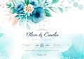 Blue wedding invitation card with watercolor floral decoration and abstract background landscape Royalty Free Stock Photo