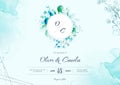 Blue wedding invitation card with watercolor floral decoration and abstract background landscape Royalty Free Stock Photo