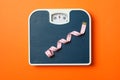 Blue weigh scales with measuring tape on orange background