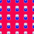 Blue Weight icon isolated seamless pattern on red background. Kilogram weight block for weight lifting and scale. Mass