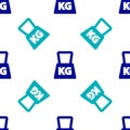 Blue Weight icon isolated seamless pattern on white background. Kilogram weight block for weight lifting and scale. Mass