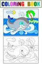 Blue whale on a background of ocean coloring for children cartoon illustration. White, black and color