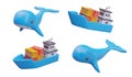 Blue whale, barge with containers in cartoon style. Vector objects at different angles