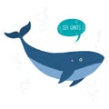 Blue whale cartoon character smiling. Cartoon vector hand drawn eps 10 illustration isolated on white background in a Royalty Free Stock Photo