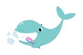 Blue Whale Character Brushing Teeth with Toothbrush as Hygiene Vector Illustration