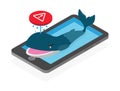 Blue whale, dangerous suicidal game on social media issue concept, isometric illustration