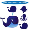 Blue whale Find the correct shadow kids educational puzzle game The Theme Of Mermaids vector illustration Royalty Free Stock Photo