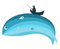 Blue whale and fisherman vector illustration