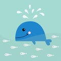 Blue whale with fountain. School of fish herring Sea ocean life. Cute cartoon character Eyes, tail, fin. Smiling face. Kids baby a Royalty Free Stock Photo