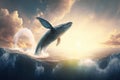 Blue whale jumps out of the water over breaking waves. Marine animals wallpaper.