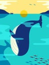 Blue Whale in ocean minimalist flat color vector