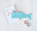 Blue whale pencil case, notes, pens, golden clips and washi tapes