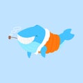 Blue Whale Smoking Pipe In Padded Coat,Arctic Animal Dressed In Winter Human Clothes Cartoon Character