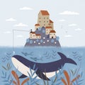 blue whale under an island with houses a fisherman catches a fish sheep graze in a meadow