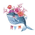 Blue whale watercolor with rose, anemones, summer flowers, red coral