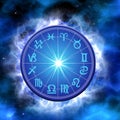 Blue wheel with zodiac signs like astrology background