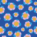 Blue with whimsical funky florals seamless pattern background design.