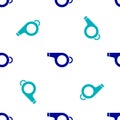 Blue Whistle icon isolated seamless pattern on white background. Referee symbol. Fitness and sport sign. Vector Royalty Free Stock Photo