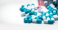 Blue-white antibiotic capsule pills. Pharmaceutical industry. Prescription drug. Medicine for infection. Pharmacy product. Global