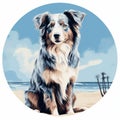 Blue And White Australian Shepherd Dog Painting On Beachfront